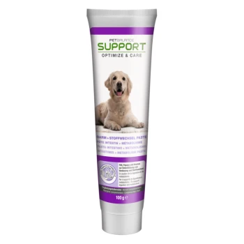 Tube of PetBalance Support digestive paste for dogs, featuring a golden retriever on the label, with text in multiple languages.