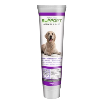 Tube mit PetBalance Support Verdauungspaste für Hunde, mit einem Golden Retriever auf dem Etikett, mit Text in mehreren Sprachen.