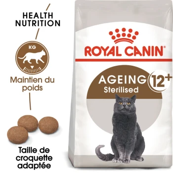 Stérilisé Ageing 12+ Croquettes Chat 2 kg Sac de nourriture pour chats Royal Canin Ageing 12+ Stérilisé avec un chat gris, des morceaux de croquettes, et un texte sur la nutrition santé et le maintien du poids.