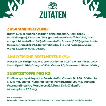 Zutatenliste für Haustierfutter, mit Huhn (50%), Karotten, getrockneten Kartoffeln und verschiedenen Mineralien. Nährwertanalyse enthalten.