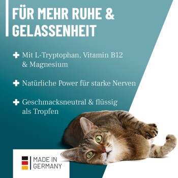 Ruhige Katze liegt, mit deutschem Text über L-Tryptophan, Vitamin B12, Magnesium zur Entspannung, hergestellt in Deutschland.