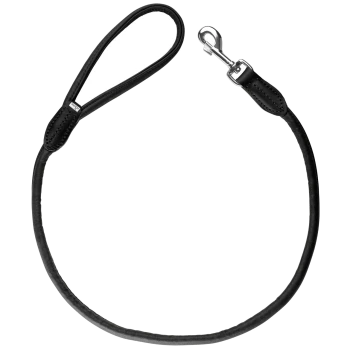 Schwarze Leder-Hundeleine mit Schlaufen-Griff und einem Metallclip zur Befestigung, vor einem weißen Hintergrund präsentiert.