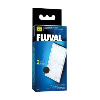 Fluval U2 cartridge packaging on a blue background, displaying two cartridges and text on debris trapping and water clarity.