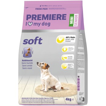 Bag of PREMIERE "I ♥ my dog" soft mini senior dog food, 60% chicken, semi-moist, 4kg, with small white-brown dog image