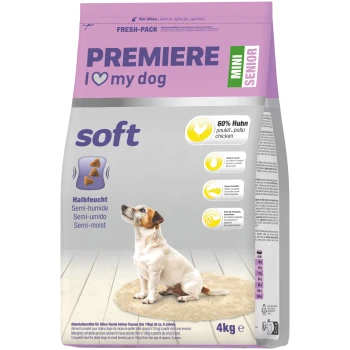 Bag of PREMIERE "I ♥ my dog" soft mini senior dog food, 60% chicken, semi-moist, 4kg, with small white-brown dog image