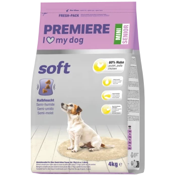Zak PREMIERE 'I ♥ my dog' zacht mini senior hondenvoer, 60% kip, semi-vochtig, 4 kg, met afbeelding van een klein wit-bruin hondje
