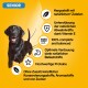 Emballage de nourriture pour chiens seniors présentant une silhouette de chien noir, avec un texte mettant en avant des ingrédients naturels, un soutien en vitamine E et une nutrition équilibrée.