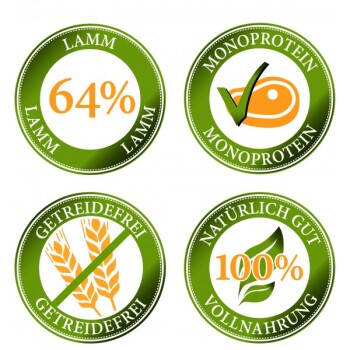 Vier grüne Siegel mit Ansprüchen an Tierfutter: 64% Lamm, Monoprotein mit einem Häkchen, getreidefrei und 100% natürliche Güte.