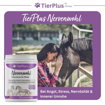 Behälter von TierPlus Nervenwohl Entspannungs-Pulver für Pferde, mit einer Frau, die mit einem Pferd interagiert. Hebt die Inhaltsstoffe zur Angstlinderung hervor.