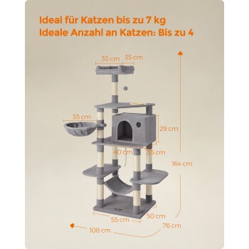 Katzenbaum für Katzen bis 7 kg, ideal für bis zu 4 Katzen, mit abgebildeten Abmessungen: Höhe 164 cm, Breite 76 cm, Tiefe 55 cm.