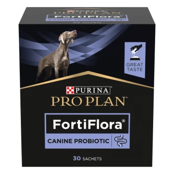 FortiFlora Canine Probiotic Purina Pro Plan FortiFlora Hundefutter-Probiotika-Box mit einem grauen Hund, beschriftet mit "30 Beutel" und "Großer Geschmack."