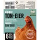 Nahaufnahme eines braunen Huhns auf der Verpackung von "Chicken Clay Eggs", mit zweisprachigem Text und der Angabe von 6 Stück.