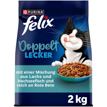 Purina Felix Doppelt Lecker 2 kg Katzenfutterbeutel, lächelnde Tuxedo-Katze mit Schale; Text: mit einer Mischung aus Lachs und Hochseefisch, reich an Rote Bete