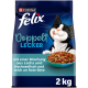 Purina Felix Doppelt Lecker 2 kg Katzenfutterbeutel, lächelnde Tuxedo-Katze mit Schale; Text: mit einer Mischung aus Lachs und Hochseefisch, reich an Rote Bete
