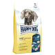 Ein Beutel Happy Dog Light Calorie Control Hundefutter, mit einem grauen Hund auf der Vorderseite, mit Text, der "40% weniger Fett" und "steigert den Stoffwechsel" hervorhebt.