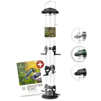 Ein transparenter Vogelhäuschen mit einem schwarzen Deckel und mehreren Futteröffnungen, begleitet von einem Werbebroschüre mit dem Titel 'Ein Futter Platz für Gartenvögel.'