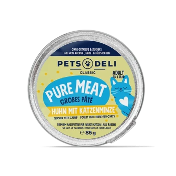 Pets Deli Classic Pure Meat grobe Pastete Huhn mit Katzenminze Katzenfutter für erwachsene Katzen 85g Dose.
