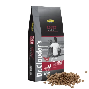 Dr. Clauder's Adult Large Hundefutterbeutel mit einem Paar, das am Strand mit einem Hund sitzt, mit dem Text "705" und "Geflügel/Poultry."