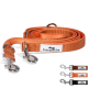 Orangefarbene Nylon-Hundeleine mit Metallclips und einem "Freudentier"-Etikett, aufgewickelt mit Farboptionen gezeigt.