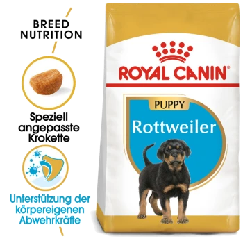 Royal Canin Rottweiler Welpenfutterbeutel mit einer Illustration eines Rottweiler-Welpen, mit Text, der die Ernährung und die Immununterstützung der Rasse hervorhebt.