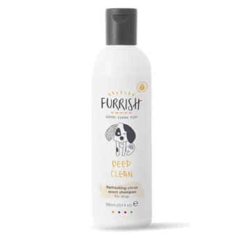 White bottle of FURRISH Deep Clean dog shampoo with a dog illustration; visible text "FURRISH", "GOOD. CLEAN. FUN.", "DEEP CLEAN", "Refreshing citrus scent shampoo"