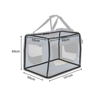 Tragbare Haustiertrage mit Netzseiten, Abmessungen beschriftet: 69 cm Höhe, 101 cm Länge, 99 cm Breite und 55 cm Tiefe.