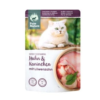 Katze Futterbeutel mit einer weißen Katze und grünen Augen, mit "Huhn & Kaninchen mit Löwenzahn" und Bildern von Huhn und Kaninchen.