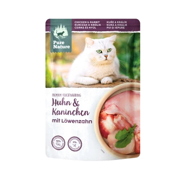 Kattenvoerzakje met een witte kat en groene ogen, met 'Huhn & Kaninchen mit Löwenzahn' en afbeeldingen van kip en konijn.