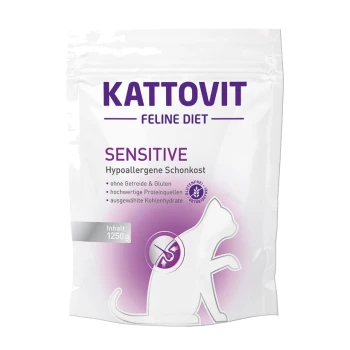 Kattovit Feline Diet Sensitive Katzenfutterverpackung, 1250g, als hypoallergen, glutenfrei gekennzeichnet, mit einer Silhouette einer Katze.