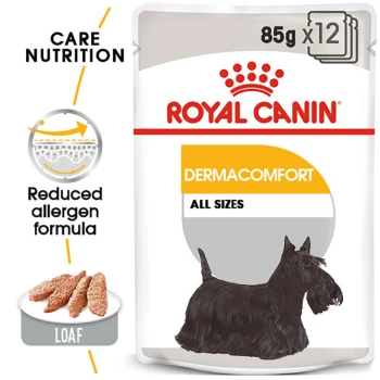 Royal Canin Dermacomfort dog food packaging, featuring a black Scottish Terrier, highlights "Reduced allergen formula" and "Care Nutrition."