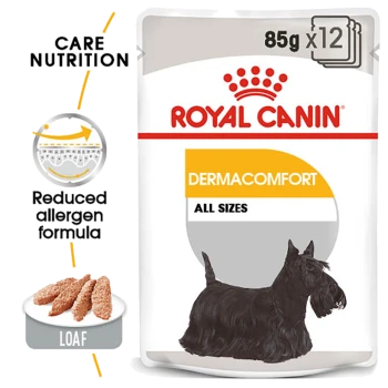 Royal Canin Dermacomfort dog food packaging, featuring a black Scottish Terrier, highlights "Reduced allergen formula" and "Care Nutrition."