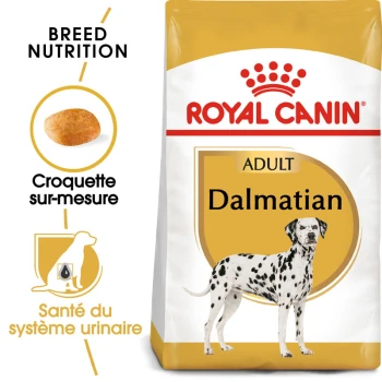 Sac de nourriture pour chien Royal Canin Adult Dalmatian, présentant une nutrition spécifique à la race, une illustration de croquettes et des bienfaits pour le système urinaire.