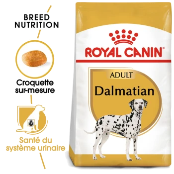 Sac de nourriture pour chien Royal Canin Adult Dalmatian, présentant une nutrition spécifique à la race, une illustration de croquettes et des bienfaits pour le système urinaire.