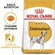 Sac de nourriture pour chien Royal Canin Adult Dalmatian, présentant une nutrition spécifique à la race, une illustration de croquettes et des bienfaits pour le système urinaire.