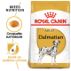 Sac de nourriture pour chien Royal Canin Adult Dalmatian, présentant une nutrition spécifique à la race, une illustration de croquettes et des bienfaits pour le système urinaire.