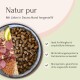 Schüssel mit natürlichem Tierfutter mit Fleisch, Reis, Apfelscheiben und Pellets; deutscher Text über allergikerfreundliches, fachmännisch entwickeltes, glutenfreies Futter.