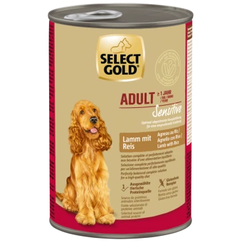 Select Gold Adult Sensitive dog food can with lamb and rice, gluten-free, for dogs over 1 year, featuring a golden retriever image.