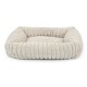Beiges rechteckiges Plüsch-Haustierbett mit gerippter Textur und erhöhten gepolsterten Seiten auf weißem Hintergrund.