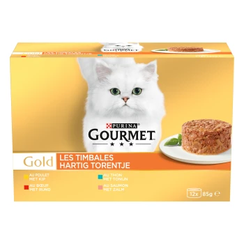 Boîte Purina Gourmet Gold pour chat avec chat blanc à poils longs, timbale de viande dressée, 'Les Timbales' et 12x85g.