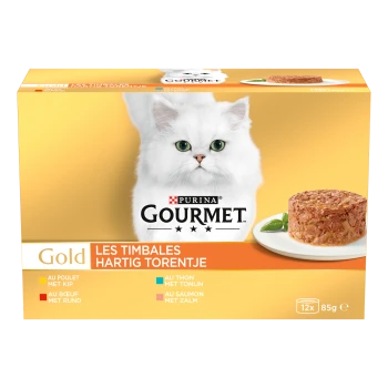 Purina Gourmet Gold kattenvoerdoos met witte langharige kat, vlees-timbale op bord, 'Les Timbales' en 12x85g.