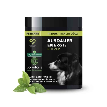 Schwarzer Behälter mit 'Ausdauer Energie Pulver' Hundefutterergänzung mit einem Profilbild eines Hundes, mit 'Belly Health Booster' und grünen Blättern.