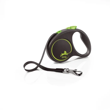 A black and green retractable dog leash with a comfortable grip handle and a metal clip, featuring the brand name "Flexi."