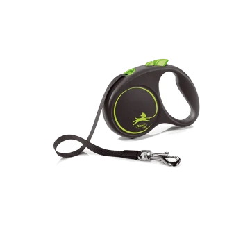A black and green retractable dog leash with a comfortable grip handle and a metal clip, featuring the brand name "Flexi."