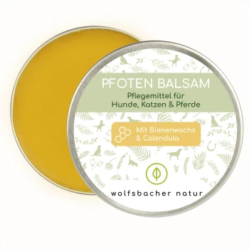 Pfoten Balsam in einer silbernen Dose, gekennzeichnet für die Pflege von Haustieren mit Bienenwachs und Ringelblume, geeignet für Hunde, Katzen und Pferde.