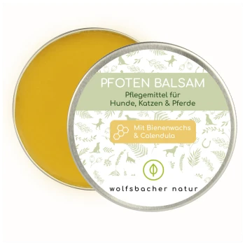 Pfoten Balsam in einer silbernen Dose, gekennzeichnet für die Pflege von Haustieren mit Bienenwachs und Ringelblume, geeignet für Hunde, Katzen und Pferde.