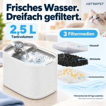 Weiße AstroPet Haustier-Wasserbrunnen mit Edelstahloberteil und Auslauf auf weißem Hintergrund.