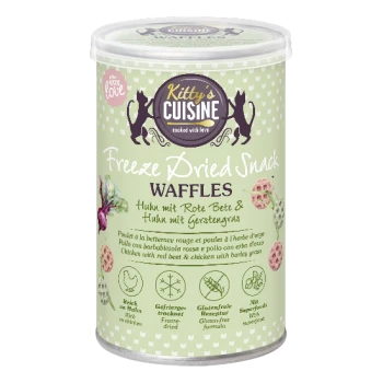 Kitty's Cuisine gefriergetrocknete Snack-Waffeln mit Huhn, roter Beete und Gerstengras, glutenfreier gefriergetrockneter Haustiersnack.