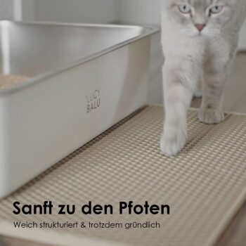 Grau getigerte Katze tritt auf eine beige strukturierte Matte neben einer weißen Katzentoilette mit Aufdruck 'LUCY BALU'; überlagerter deutscher Text 'Sanft zu den Pfoten'.