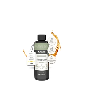 Flasche Alphazoo Alpha-Zegg Haustierfutteröl mit Spritzern, beschriftet mit Omega 3 6 9, natürlich und von Experten entwickelt, ohne Zusatzstoffe.