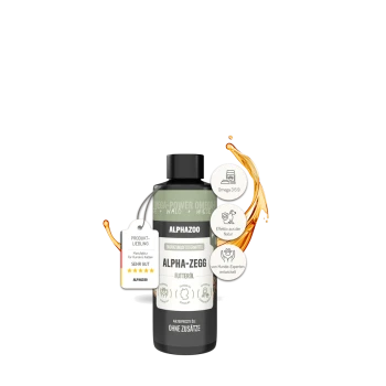 Flasche Alphazoo Alpha-Zegg Haustierfutteröl mit Spritzern, beschriftet mit Omega 3 6 9, natürlich und von Experten entwickelt, ohne Zusatzstoffe.